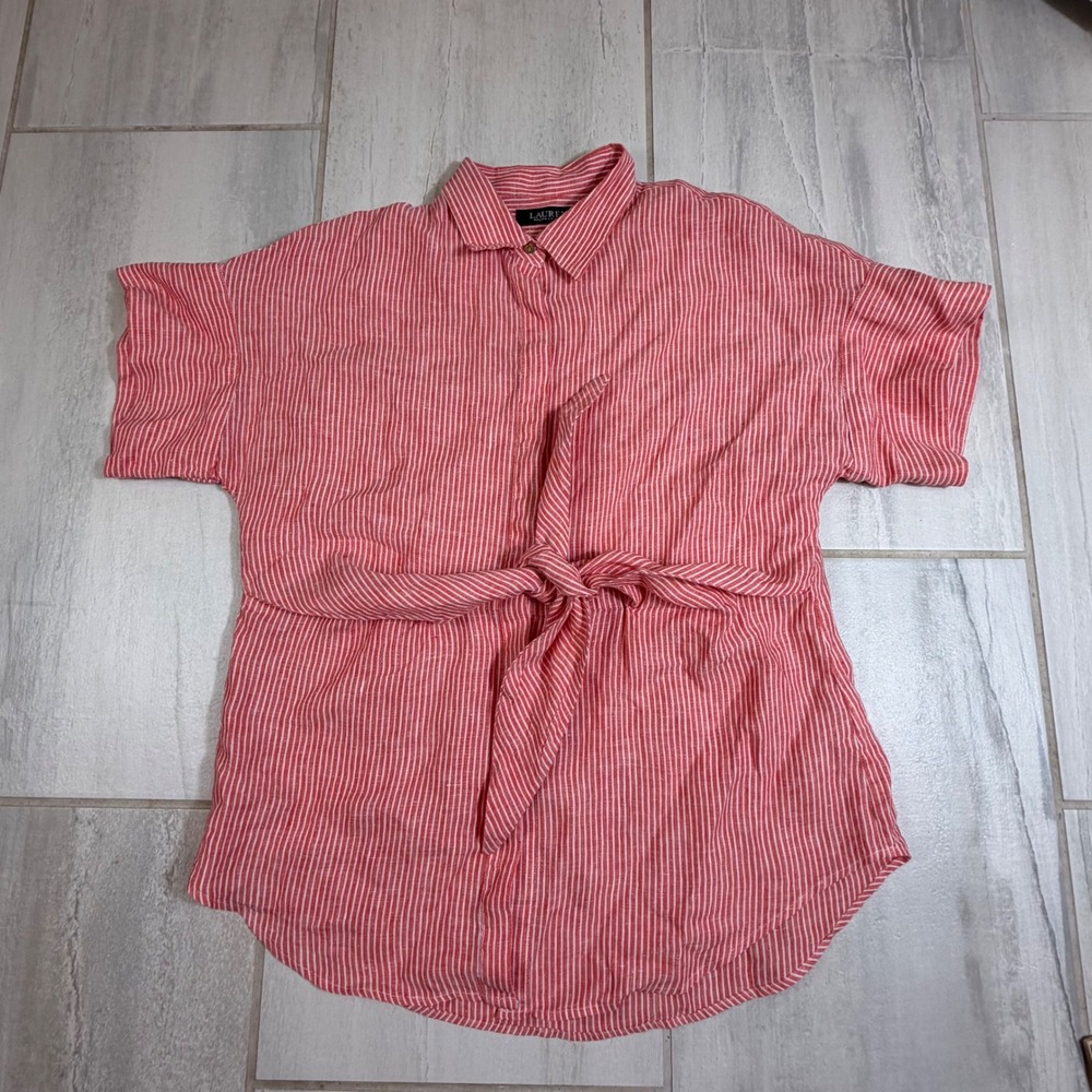 Lauren Ralph Lauren Red White‎ Striped Linen Tie Front Shirt Mens M Short Sleeve